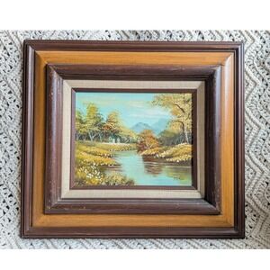 Paul Signed Original Landscape Oil Painting Framed Vintage Cabin River Scene